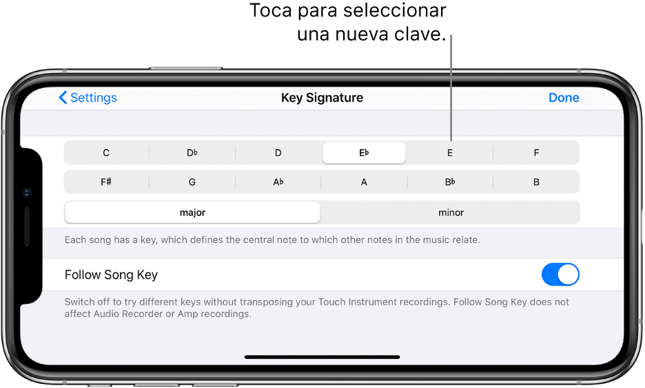 Controles de clave en la configuración de la canción