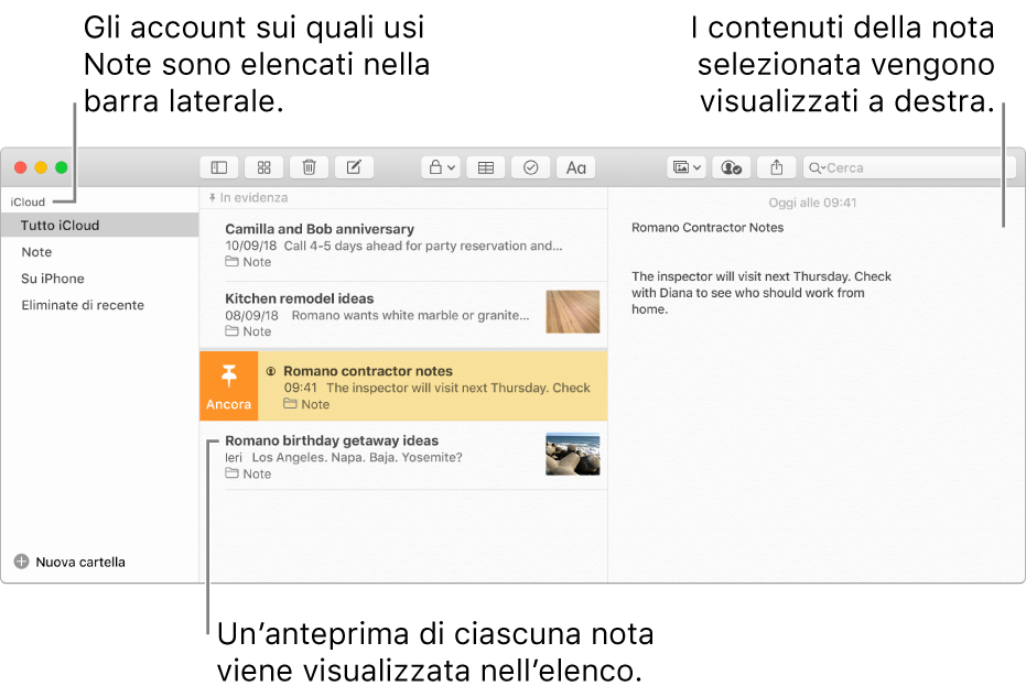 La finestra di Note, con tutti gli account configurati elencati nella barra laterale a sinistra, l’elenco di note al centro, con l’anteprima di ogni nota visibile, e il contenuto della nota selezionata visualizzato a destra.