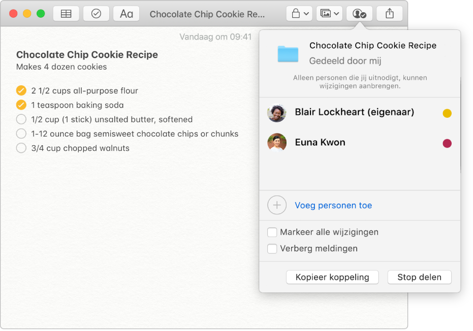 Een notitie met een recept voor chocoladekoekjes. Wanneer je in de knoppenbalk op de knop 'Bekijk deelnemers' klikt, zie je de personen die aan de notitie zijn toegevoegd.