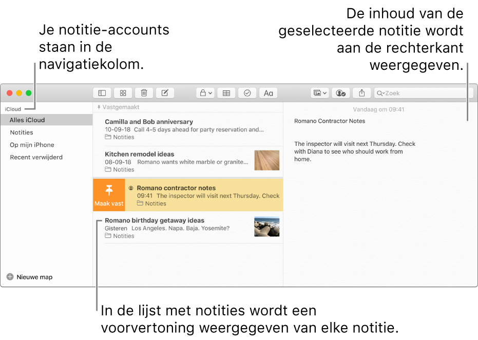 Het Notities-venster met al je geconfigureerde accounts in de navigatiekolom aan de linkerkant, de lijst met notities in het midden met een voorvertoning van elke notitie en de inhoud van de geselecteerde notitie aan de rechterkant.