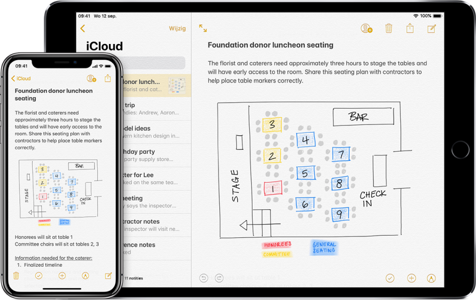 Een iPhone en een iPad waarop dezelfde notitie uit iCloud te zien is.