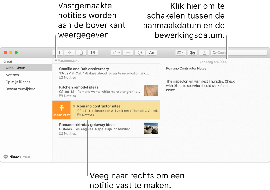 Het Notities-vensters met de lijst met notities in het midden, vastgemaakte notities boven aan de lijst en de vastmaakknop op een notitie. De inhoud van die notitie wordt aan de rechterkant weergegeven met de datum bovenaan. Klik op de datum om te wisselen tussen de aanmaakdatum en de bewerkingsdatum.