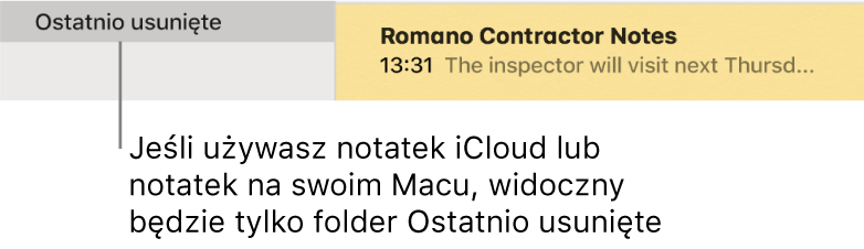 Okno aplikacji Notatki z folderem Ostatnio usunięte widocznym na pasku bocznym oraz ostatnio usuniętą notatką. Folder Ostatnio usunięte jest widoczny tylko wtedy, gdy używasz notatek iCloud lub notatek przechowywanych na Macu.