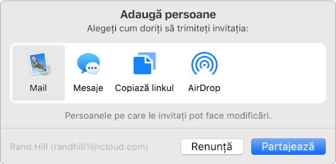 Fereastra de dialog Adaugă persoane, în care selectați modul în care trimiteți invitația de a adăuga persoane la o notiță.