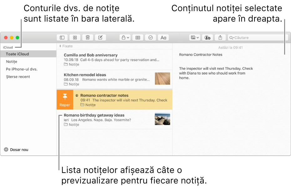 Fereastra Notițe cu toate conturile dvs. configurate, listate în bara laterală, în stânga, lista de notițe pe mijloc, afișând o previzualizare a fiecărei notițe, și conținutul notiței selectate, în partea dreaptă.