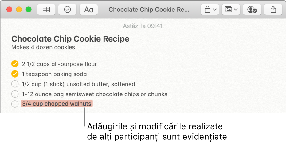 O notiță cu o rețetă de fursecuri cu ciocolată. Adăugirile făcute de alt participant sunt evidențiate cu roșu.