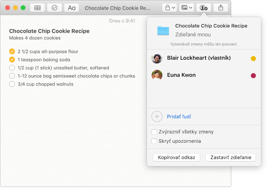 Poznámka s receptom na sušienky s kúskami čokolády. Po kliknutí na tlačidlo Zobraziť účastníkov v paneli s nástrojmi sa zobrazia ľudia, ktorí boli pridaní do uvedenej poznámky.