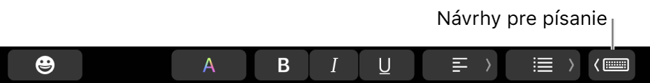 Touch Bar s tlačidlom na zobrazovanie návrhov pre písanie na pravom konci.