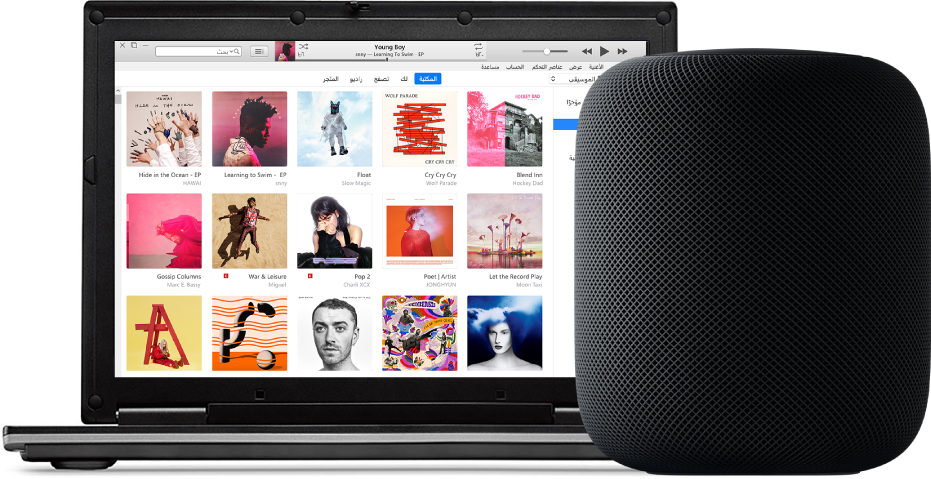 كمبيوتر PC يظهر على شاشته iTunes وبالقرب منه تظهر HomePod.