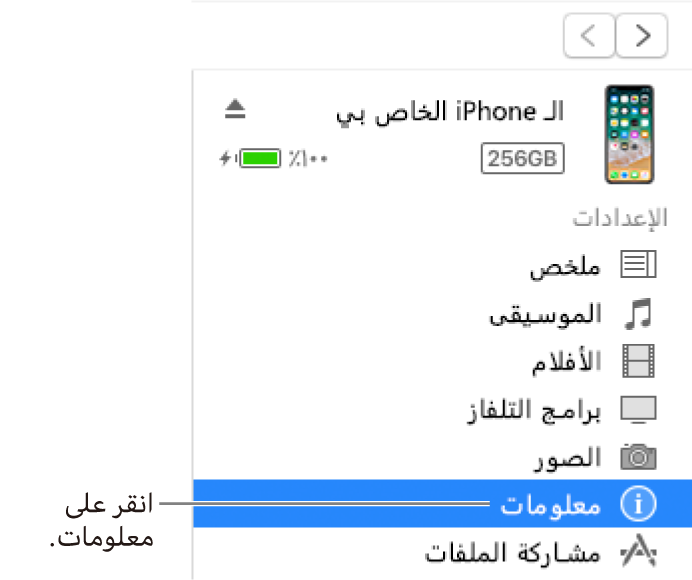 نافذة الجهاز، مع تحديد معلومات في الشريط الجانبي على اليمين.