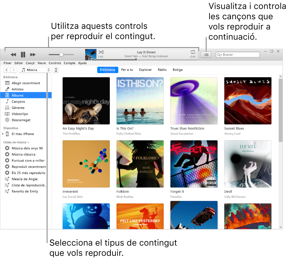 Finestra principal de la biblioteca de l’iTunes: Al navegador, selecciona el tipus de contingut que vols reproduir (com ara música). Utilitza els controls de la cinta que hi ha a la part superior per reproduir el contingut i fes servir el menú desplegable “A continuació” situat a la dreta per veure la biblioteca de diferents maneres.

