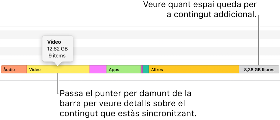 Mou el punter per damunt de la barra situada a la part inferior de la finestra per veure detalls sobre el contingut que estàs sincronitzant i per visualitzar quant espai queda per afegir més contingut.