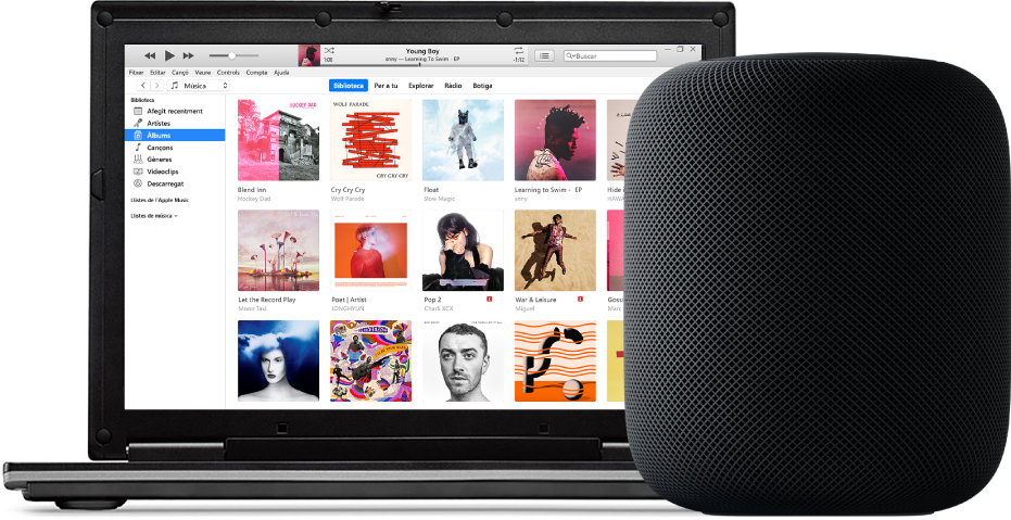 Un PC amb l’iTunes a la pantalla i un HomePod a prop.