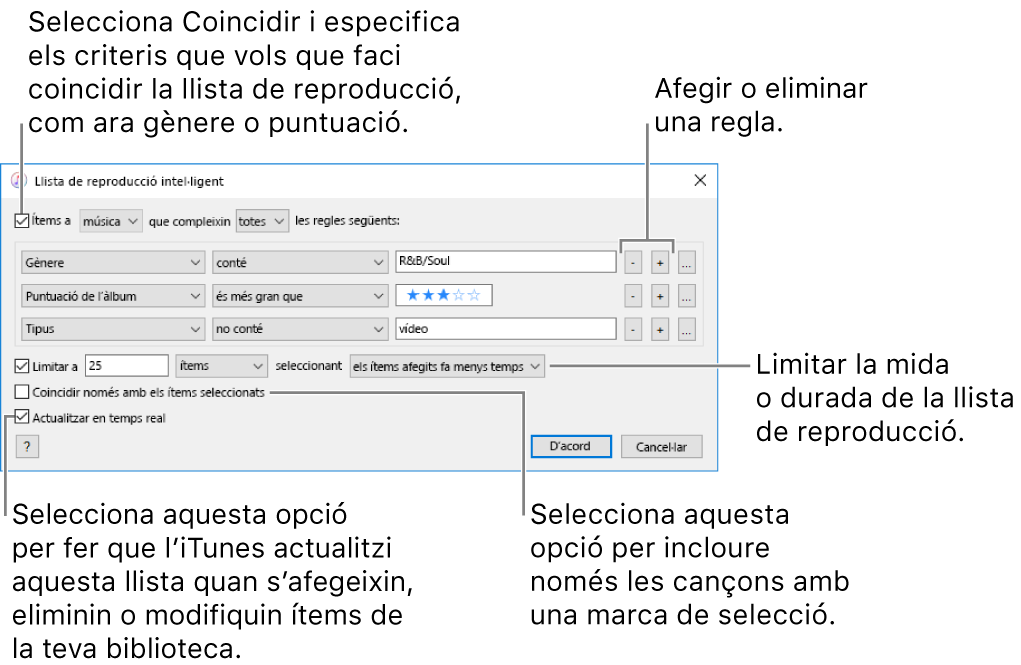 La finestra “Llista de reproducció intel·ligent”: A la cantonada superior esquerra, selecciona Complir i indica els criteris de la llista de reproducció (com ara el gènere i la puntuació). Continua afegint o eliminant regles fent clic als botons Afegir o Eliminar de la cantonada superior dreta. Pots seleccionar diverses opcions a la part inferior de la finestra, com ara limitar la mida o la durada de la llista de reproducció, incloure només les cançons que estiguin marcades o fer que l’iTunes actualitzi la llista de reproducció a mesura que canviïn els elements de la biblioteca.