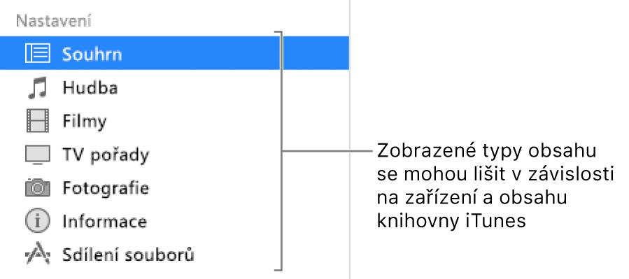 Na bočním panelu vlevo je vybrán Souhrn Zobrazené typy obsahu mohou záviset na vašem zařízení a na obsahu vaší knihovny iTunes