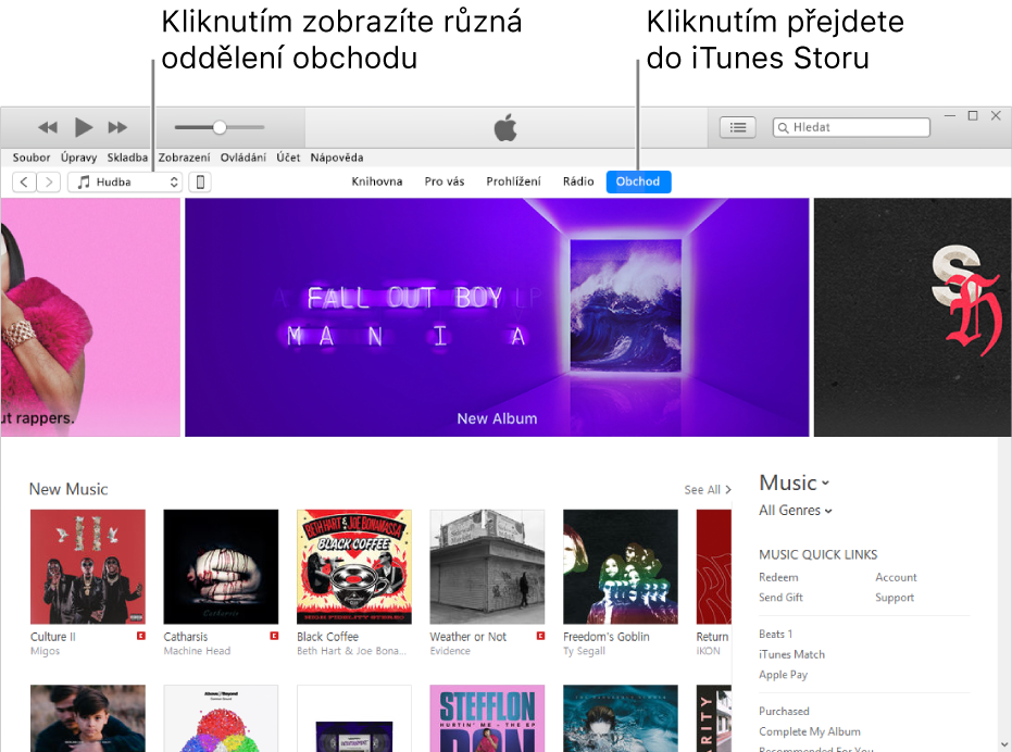 Hlavní okno iTunes Storu: V řádku nabídek je zvýrazněný Obchod V levém horním rohu si můžete vybrat jiný obsah (například hudbu nebo televizní pořady)