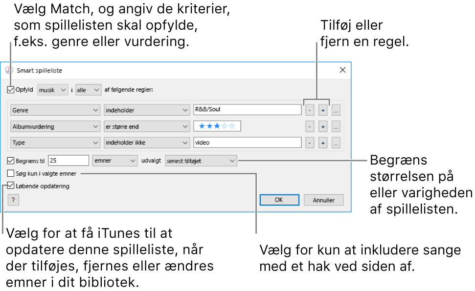 Vinduet Smart spilleliste: I det øverste venstre hjørne skal du vælge Opfyld og derefter angive kriterierne for spillelisten (f.eks. genre eller vurdering). Fortsæt med at tilføje eller fjerne regler ved at klikke på knappen Tilføj eller Fjern i det øverste højre hjørne. Vælg forskellige indstillinger i den nederste del af vinduet – f.eks. begrænsning af størrelsen på eller varigheden af spillelisten, inkl. kun valgte sange eller at iTunes skal opdatere spillelisten, når emner i biblioteket ændres.