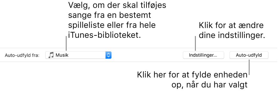 Indstillingerne til Auto-udfyld nederst i vinduet Musik. Yderst til venstre findes lokalmenuen Auto-udfyld, hvor du kan vælge, om der skal tilføjes sange fra en spilleliste eller fra hele dit bibliotek. Yderst til højre er to knapper – Indstillinger til ændring af forskellige indstillinger til Auto-udfyld og Auto-udfyld. Når du klikker på Auto-udfyld, fyldes din enhed op med sange, der opfylder kriterierne.