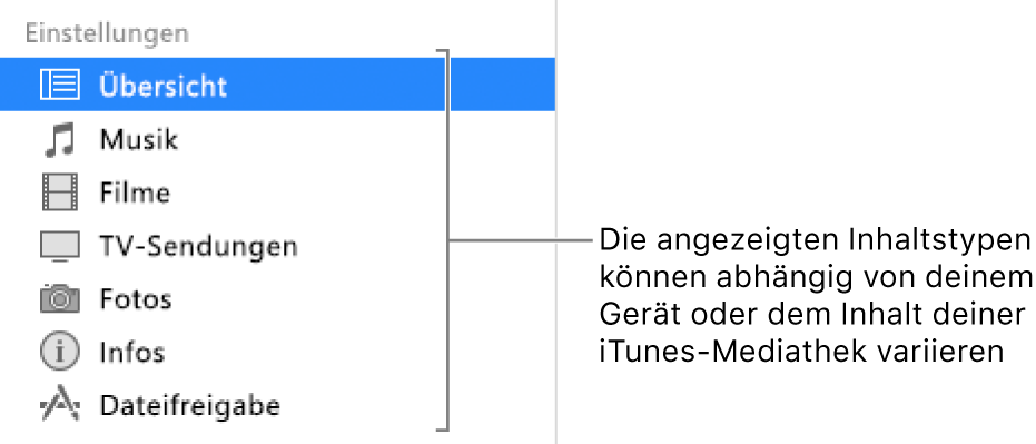 In der Seitenleiste links ist die Übersicht ausgewählt. Der angezeigte Inhalt hängt von der Art des Geräts sowie von den Inhalten deiner iTunes-Mediathek ab.