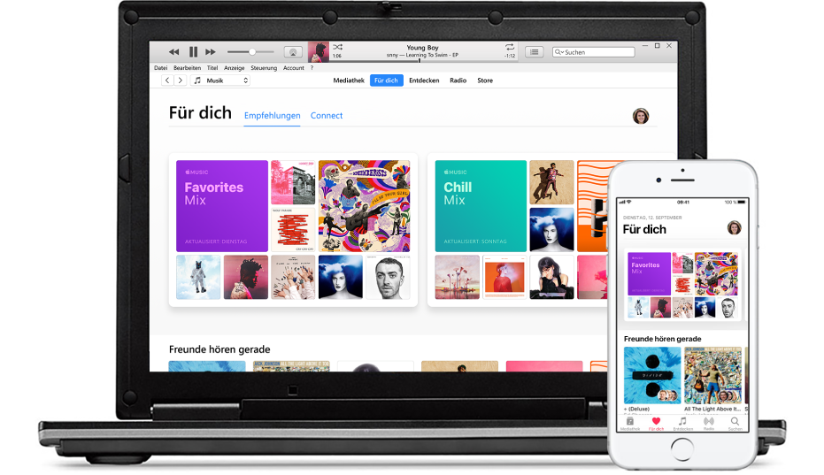 Ein PC und ein iPhone mit „Für dich“ in Apple Music