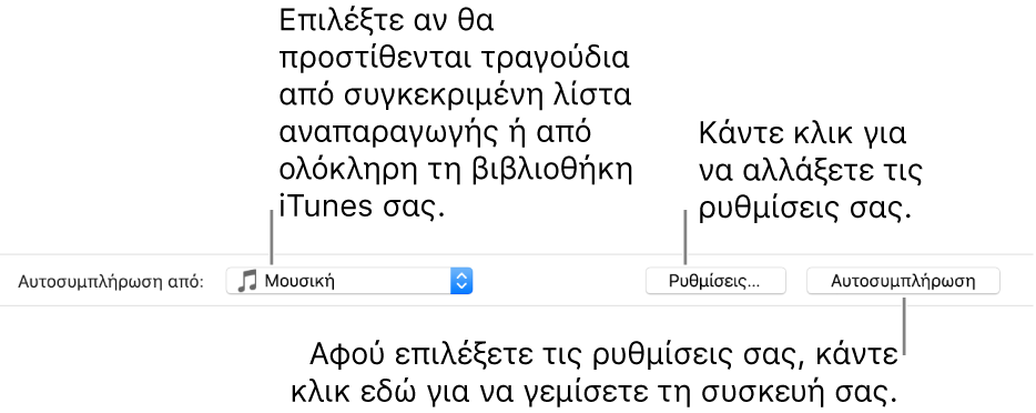 Οι επιλογές Αυτοσυμπλήρωσης στο κάτω μέρος του τμήματος «Μουσική». Στο αριστερό άκρο υπάρχει το αναδυόμενο μενού «Αυτοσυμπλήρωση από» από το οποίο επιλέγετε αν θα προστεθούν τραγούδια από μια λίστα αναπαραγωγής ή από ολόκληρη τη βιβλιοθήκη σας. Τέρμα δεξιά υπάρχουν δύο κουμπιά—«Ρυθμίσεις» για αλλαγή διάφορων επιλογών Αυτοσυμπλήρωσης και «Αυτοσυμπλήρωση». Όταν κάνετε κλικ στην «Αυτοσυμπλήρωση», η συσκευή σας γεμίζει με τα τραγούδια που πληρούν τα κριτήρια.