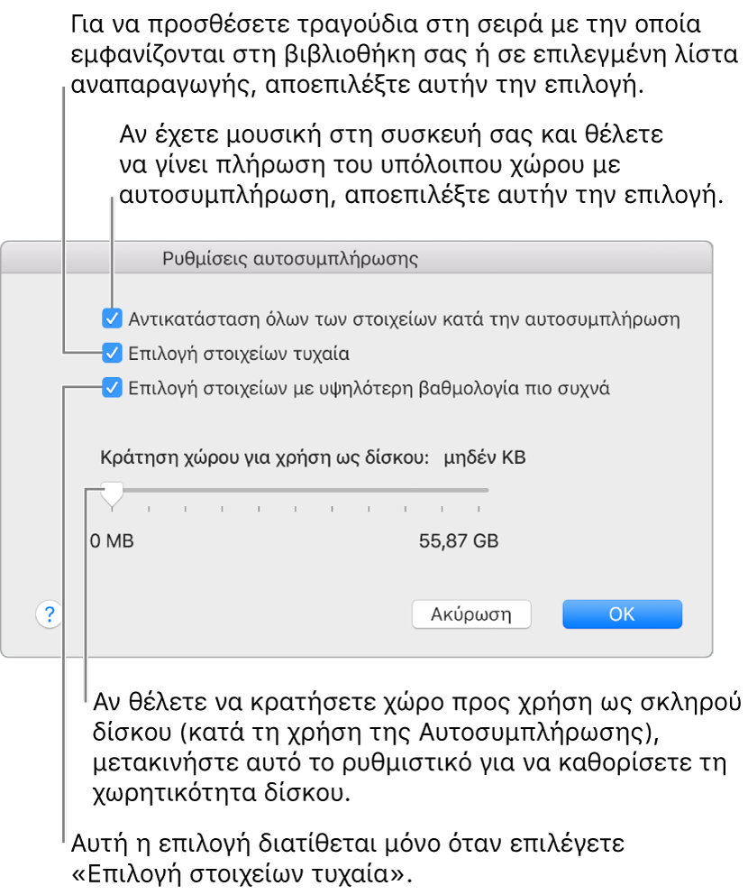 Το πλαίσιο διαλόγου «Ρυθμίσεις αυτοσυμπλήρωσης» που δείχνει τέσσερις επιλογές, από πάνω προς τα κάτω. Αν έχετε μουσική στη συσκευή σας και θέλετε να γίνει πλήρωση του υπόλοιπου χώρου με αυτοσυμπλήρωση, αποεπιλέξτε την επιλογή «Αντικατάσταση όλων των στοιχείων κατά την αυτοσυμπλήρωση». Για να προσθέσετε τραγούδια στη σειρά με την οποία εμφανίζονται στη βιβλιοθήκη σας ή σε επιλεγμένη λίστα αναπαραγωγής, αποεπιλέξτε την επιλογή «Επιλογή στοιχείων τυχαία». Η επόμενη επιλογή, «Επιλογή στοιχείων με υψηλότερη βαθμολογία πιο συχνά», είναι διαθέσιμη μόνο όταν επιλέξετε τη ρύθμιση «Επιλογή στοιχείων τυχαία». Αν θέλετε να κρατήσετε χώρο προς χρήση ως σκληρού δίσκου, μετακινήστε το ρυθμιστικό για να καθορίσετε τη χωρητικότητα δίσκου.