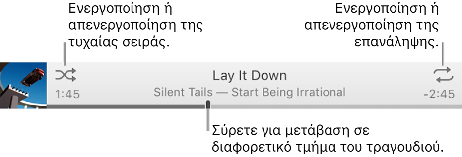Το μπάνερ με ένα τραγούδι που αναπαράγεται. Το κουμπί «Τυχαία σειρά» βρίσκεται στην επάνω αριστερή γωνία και το κουμπί «Επανάληψη» βρίσκεται στην επάνω δεξιά γωνία. Σύρετε τη γραμμή αναπαραγωγής για μετάβαση σε διαφορετικό τμήμα του τραγουδιού.