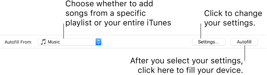 The Autofill options at the bottom of the Music pane. At the far left is the Autofill From pop-up menu, where you choose whether to add songs from a playlist or from your entire library. On the far right are two buttons—Settings, to change various Autofill options, and Autofill. When you click Autofill, your device fills with the songs fitting the criteria.