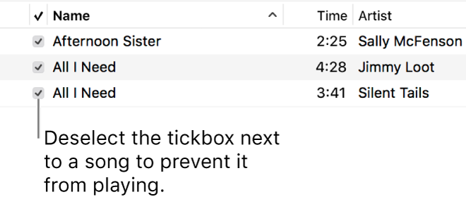 Detail of the Songs view in music, showing the tickboxes on the left. Deselect the tickbox next to a song to prevent it from playing.
