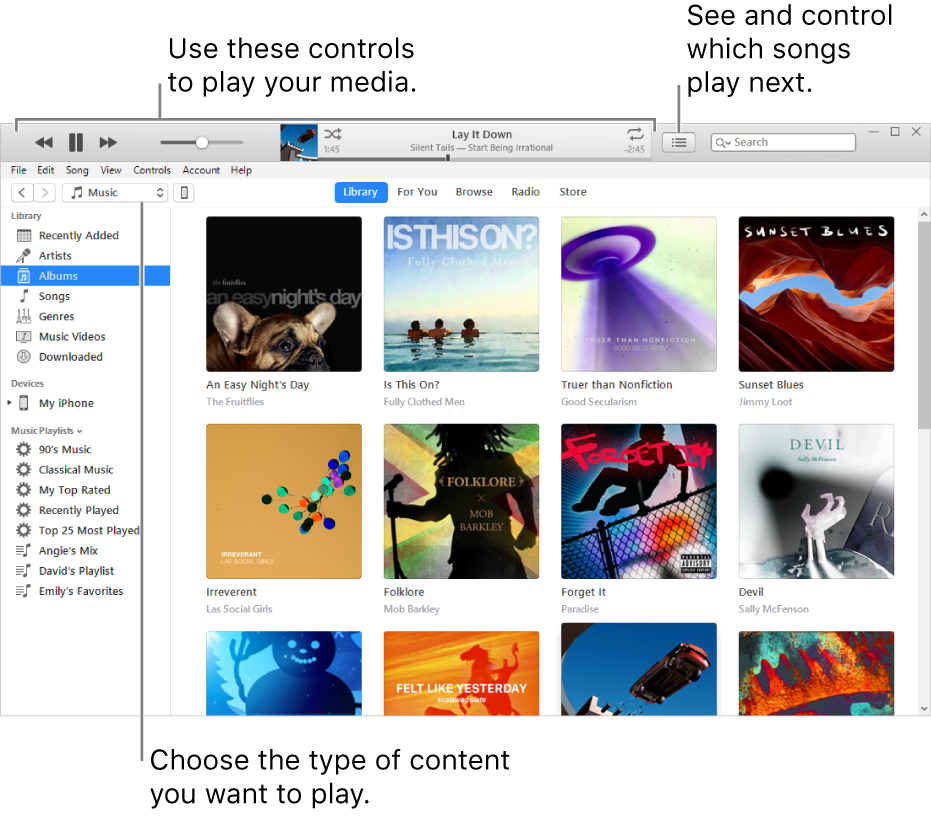 The iTunes Library main window: In the navigator, choose the type of media to play (such as Music). Use the controls in the banner at the top to play your media, and use the Up Next pop-up menu on the right to view your library in different ways.
