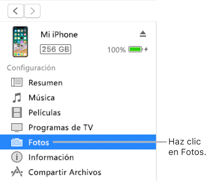 La ventana Dispositivo con la opción Fotos seleccionada en la barra lateral de la izquierda.
