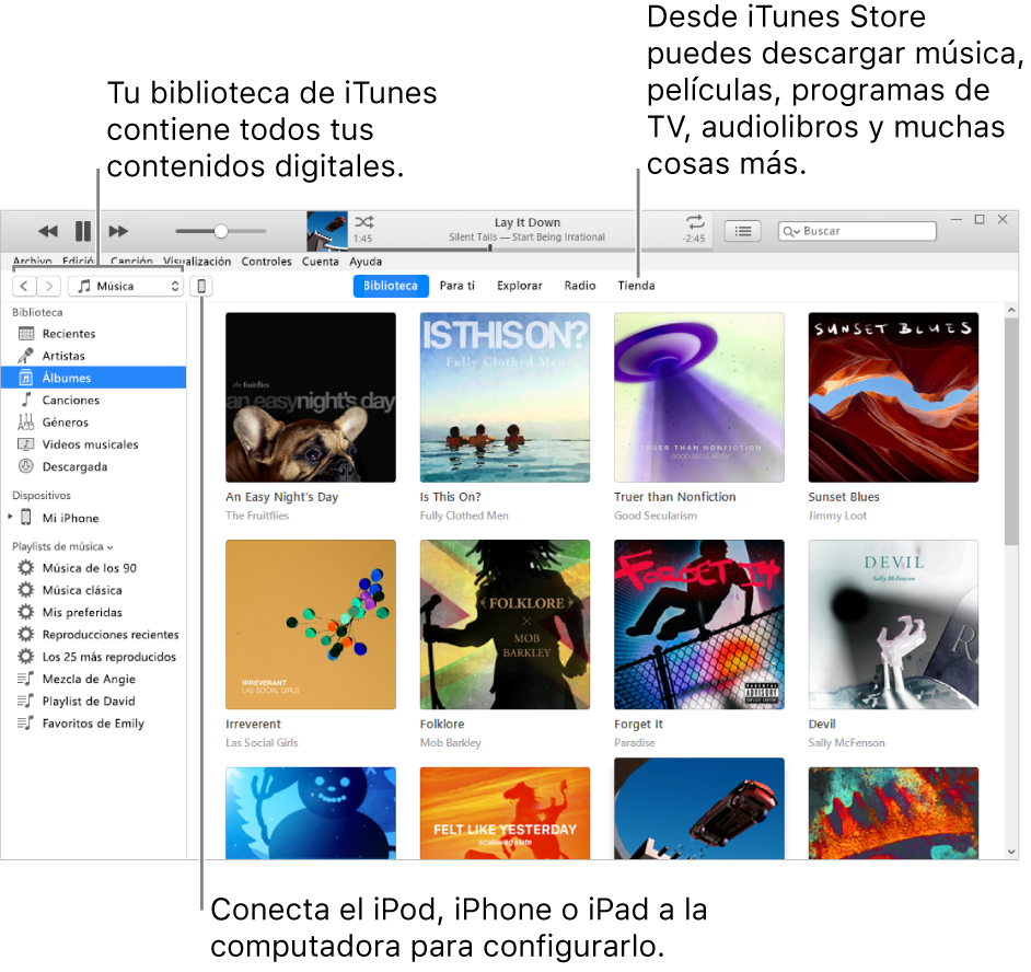 Visualización de la ventana de iTunes: la ventana de iTunes tiene dos paneles. En la izquierda está la barra lateral de la biblioteca, la cual contiene todo tu contenido digital. En el lado derecho, en el área de contenido más grande, puedes ver una selección de lo que te interesa, por ejemplo, visita tu biblioteca o tu página "Para ti", explora nueva música y videos en iTunes, o visita iTunes Store para descargar nueva música, videos, programas de TV, audiolibros y más. En el área superior derecha de la barra lateral de la biblioteca está el botón Dispositivo, el cual indica que tu iPod, iPhone o iPad está conectado a tu PC.