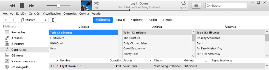 La ventana principal de iTunes: el explorador de columnas aparece a la derecha de la barra lateral y arriba de la lista de canciones.