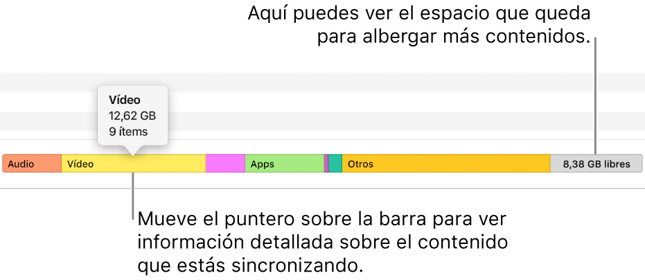 Coloca el puntero sobre la barra en la parte inferior de la ventana para ver tanto los detalles del contenido que estás sincronizando como la cantidad de espacio disponible para más contenido.