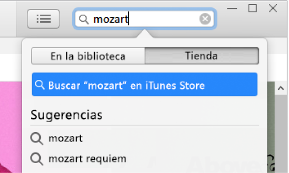 El campo de búsqueda con la entrada “Mozart”. Tienda está seleccionado en el menú desplegable de ubicación.