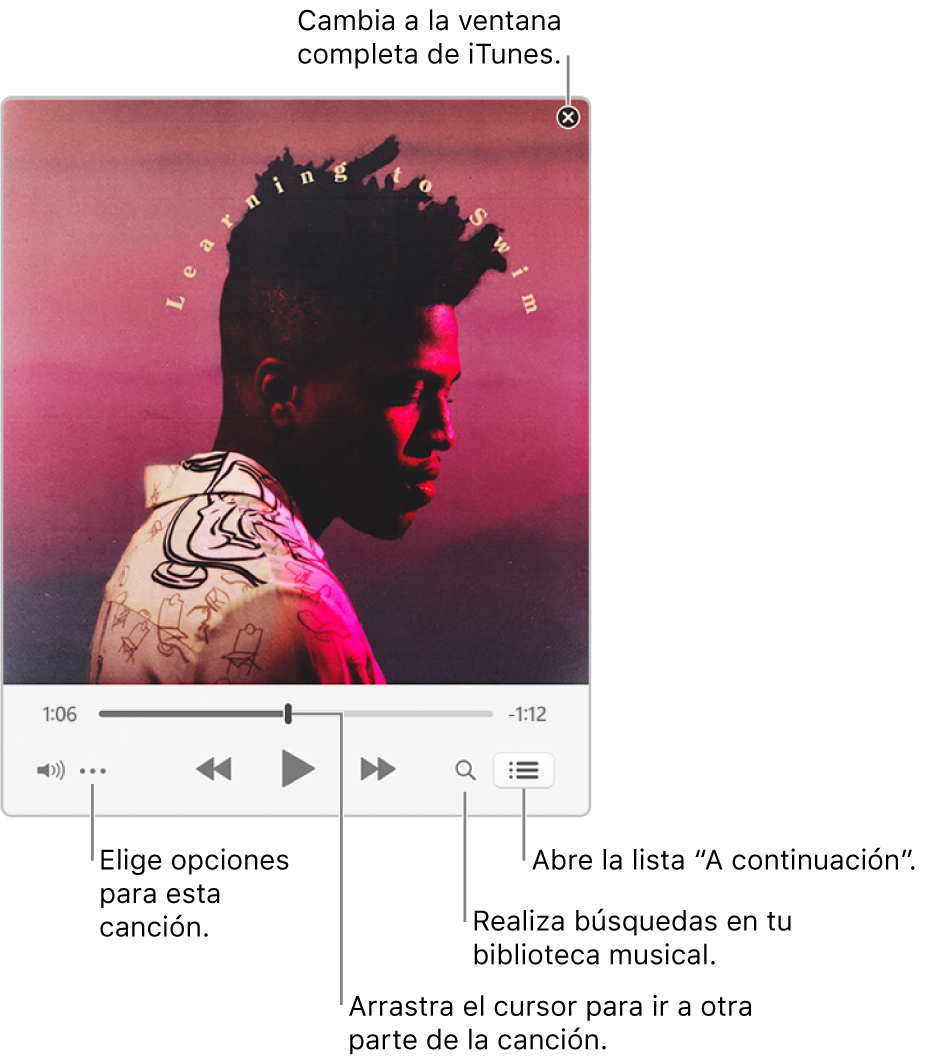 Minirreproductor expandido con los controles de la canción que se está reproduciendo. En la esquina superior derecha se encuentra el botón de cerrar, que sirve para pasar a la ventana completa de iTunes. En la parte inferior de la ventana hay un regulador, que puedes arrastrar para ir a una sección diferente de la canción. Debajo del regulador, a la izquierda, se encuentra el botón del menú de acción, que te permite seleccionar opciones de vista, entre otras, para la canción que se está reproduciendo. En el extremo derecho, debajo del regulador, hay dos botones: la lupa, que permite realizar búsquedas en la biblioteca musical, y la lista “A continuación”, en la que se muestra qué se va a reproducir a continuación.