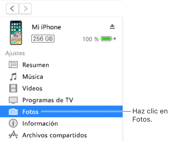 La ventana del dispositivo con la opción Fotos seleccionada en la barra lateral de la izquierda.