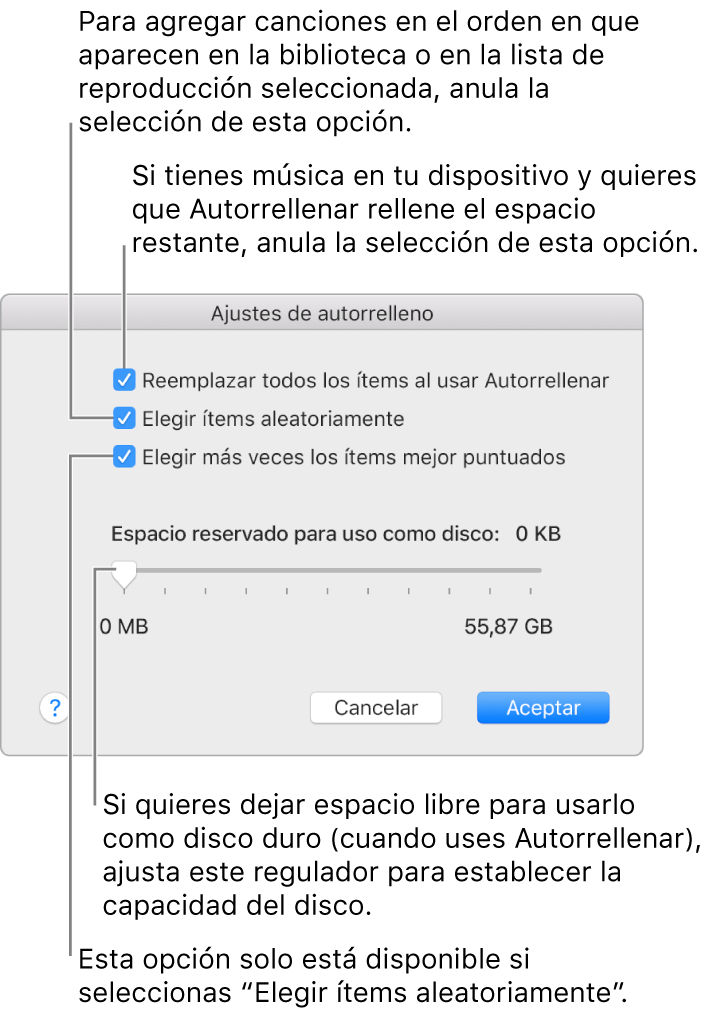 El cuadro de diálogo “Ajustes de autorrelleno” en el que se muestran cuatro opciones de arriba abajo. Si dispones de música en tu dispositivo y quieres que la función Autorrellenar llene el espacio restante, anula la selección de la opción “Reemplazar todos los ítems al usar Autorrellenar”. Para añadir canciones en el orden en el que aparecen en la biblioteca o en la lista de reproducción seleccionada, anula la selección de la opción “Elegir ítems aleatoriamente”. La siguiente opción, “Elegir más veces los ítems mejor puntuados”, solo está disponible si seleccionas “Elegir ítems aleatoriamente”. Si quieres reservar espacio para utilizarlo como disco duro, ajusta el regulador para establecer la capacidad del disco.