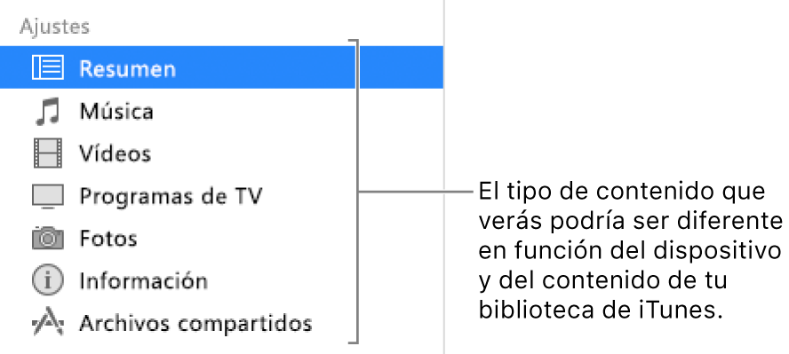 Resumen seleccionado en la barra lateral de la izquierda. Es posible que los tipos de contenido que aparecen varíen en función del dispositivo y del contenido de la biblioteca de iTunes.