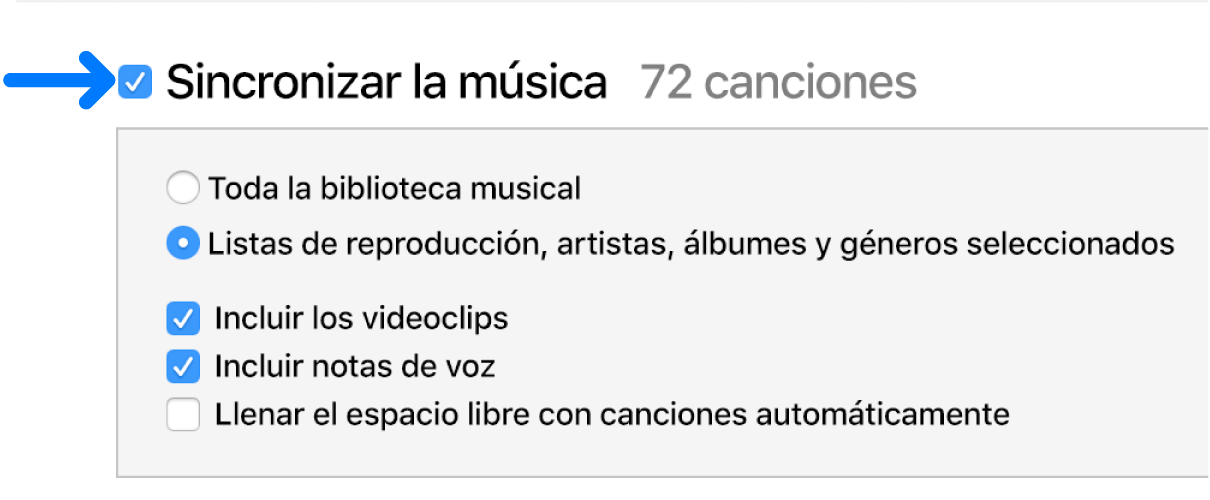 La opción “Sincronizar la música”, situada cerca de la parte superior izquierda, está seleccionada con opciones para sincronizar toda la biblioteca o solo los ítems seleccionados.