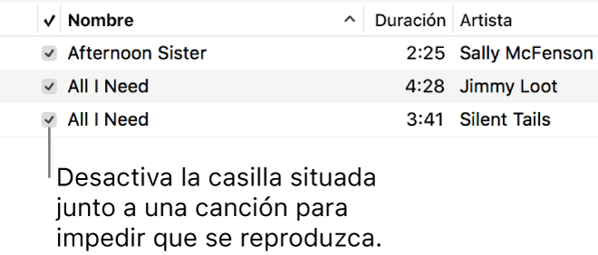 Detalle de la visualización Canciones en Música, con las opciones a la izquierda. Anula la selección de la casilla en aquellas canciones que no quieras reproducir.