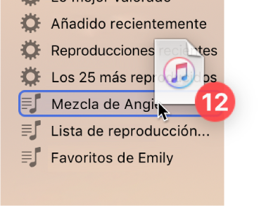 Un álbum que se está arrastrando hasta una lista de reproducción. La lista de reproducción está resaltada con un rectángulo azul.