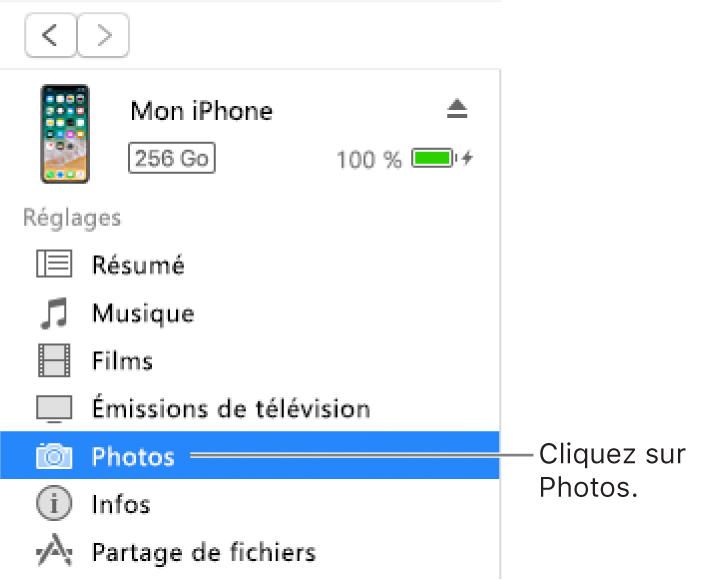 La fenêtre Appareil et l’option Photos sélectionnée dans la barre latérale à gauche.