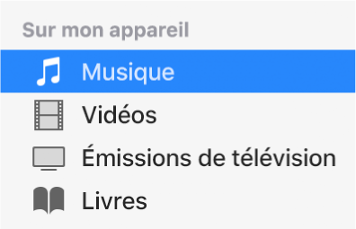 Section Sur mon appareil de la barre latérale affichant l’option Musique sélectionnée.