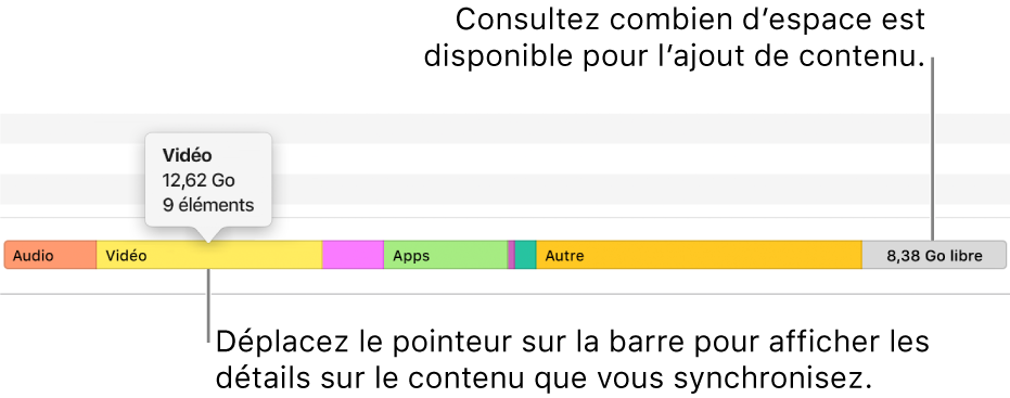 Placez le pointeur sur la barre en bas de la fenêtre pour afficher des informations détaillées sur le contenu que vous synchronisez, ainsi que sur l’espace restant pour l’ajout de contenu.