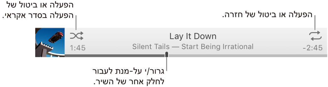 הבאנר עם שיר מתנגן. הלחצן ״סדר אקראי״ בפינה השמאלית העליונה; הלחצן ״חזרה״ מופיע בפינה הימנית העליונה. גרור את הסמן על ציר הזמן כדי לעבור לחלק אחר של השיר.