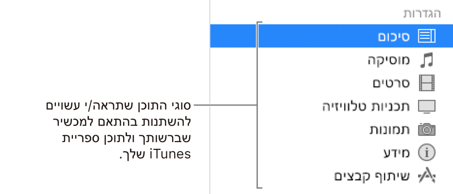 האפשרות ״סיכום״ נבחרת בסרגל הצד משמאל. סוגי התוכן שמופיעים עשויים להיות שונים מזה מזה, תלוי במכשיר ובתוכן שיש לך בספריית iTunes.