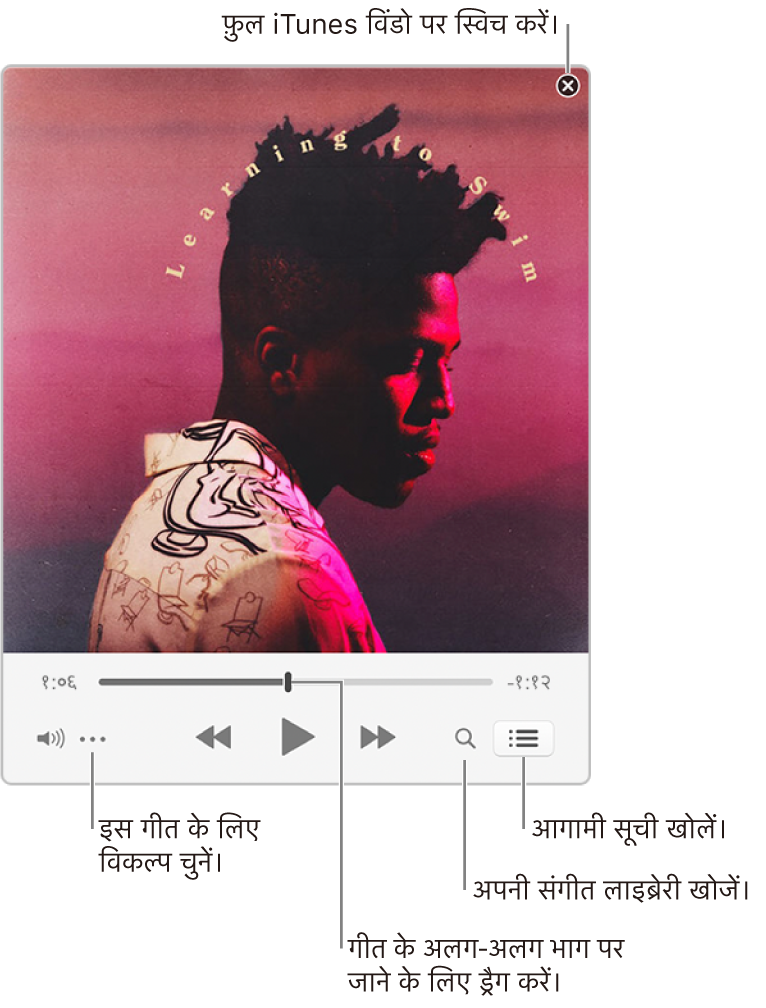 प्ले किए जा रहे गाने के लिए कंट्रोल्स दर्शाने वाला एक्सपैंडेड MiniPlayer। ऊपरी दाएँ कोने में क्लोज बटन है, जिसका उपयोग फुल iTunes विंडो पर जाने में किया जाता है। विंडो के नीचे एक स्लाइडर है जिसे आप ड्रैग कर गाने के विभिन्न हिस्से पर जा सकते हैं। बायीं ओर स्लाइडर के नीचे एक्शन मेन्यू बटन है जहाँ आप प्ले किए जा रहे गाने के लिए दृश्य विकल्प तथा अन्य विकल्प चुन सकते हैं। बिल्कुल दाएँ स्लाइडर के नीचे दो बटन हैं—संगीत लाइब्रेरी सर्च करने के लिए मैग्नीफाइंग ग्लास, और आगे क्या प्ले होने वाला है यह देखने के लिए अप नेक्स्ट लिस्ट।