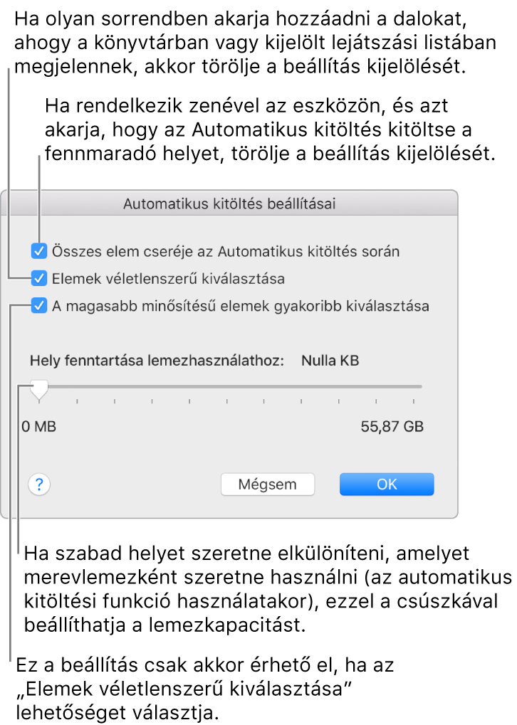 Az Automatikus kitöltés beállításai párbeszédpanel, melyen fentről lefelé négy lehetőség látható. Ha rendelkezik zenével az eszközén, és azt szeretné, hogy az Automatikus kitöltés kitöltse a fennmaradó helyet, akkor törölje az „Összes elem cseréje az Automatikus kitöltés során” lehetőség bejelölését. Ha olyan sorrendben szeretné hozzáadni a zeneszámokat, ahogy azok a könyvtárában vagy a kijelölt lejátszási listán megjelennek, akkor törölje a „Elemek véletlenszerű kiválasztása” lehetőség bejelölését. A következő lehetőség, „A magasabb minősítésű elemek gyakoribb kiválasztása” csak akkor érhető el, ha be van jelölve az „Elemek véletlenszerű kiválasztása” lehetőség. Ha merevlemezként használni kívánt területet szeretne félretenni, állítsa be a csúszkával a lemezkapacitást.