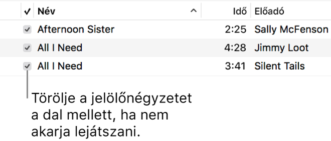 A Dalok nézet részlete a zenék között, bal oldalon a jelölőnégyzetek képével. A lejátszás kihagyásához törölje a dal melletti jelölőnégyzet jelölését.
